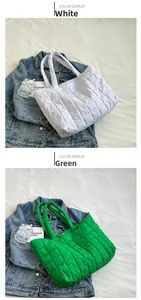 Detailed color display of quilted down tote bags in white and green with soft fabric