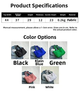 Quilted tote bag size chart with dimensions and five colors like black blue and green