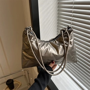 Women Fashion Metallic Quilted Puffer Shoulder Bag Large Capacity Solid Color Cotton Padded Tote Handbag Daily Casual Style