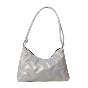 Silver metallic quilted shoulder bag with glossy finish and modern minimalist design