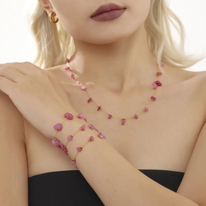 Pink Natural Stone Stainless Steel Necklace And Bracelet Bohemian Handmade Jewelry For Women Vintage Gold Plated