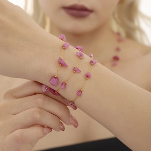 Bohemian pink natural stone bracelet set with gold chain for women's jewelry collection