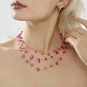 Bohemian layered necklace with pink natural stones and gold hoop earrings set for women