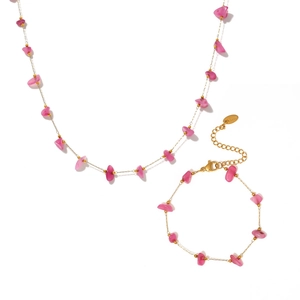 Bohemian stainless steel gold jewelry set with pink natural stones necklace and bracelet