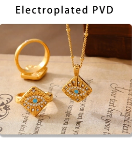 Detail of PVD gold plated evil eye square pendant necklace and ring set with blue stones