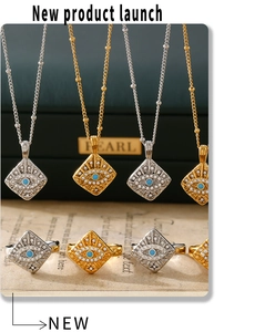 Detail of evil eye necklace and ring set with blue center stone in 18K gold plating