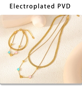 Détail du collier double couche plaqué or PVD avec breloques cœur sur pierre