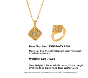 Macro view of Evil Eye square pendant and ring with dimensions and material specs