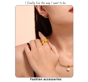 Detail of 18k gold plated jewelry set with geometric ring and pearl necklace on a model