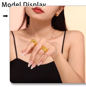 Chic 18k gold plated stainless steel jewelry set on model with geometric ring and earrings