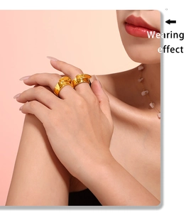 Polished 18k gold geometric ring with large spherical ornament shown on model's hand