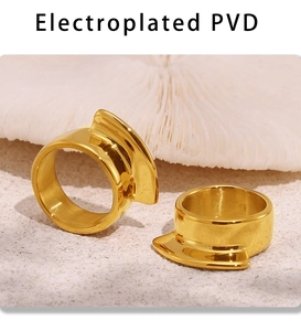 Detail of 18k gold plated stainless steel ring showing Electroplated PVD mirror finish