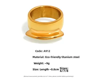 Detail of wide 18k gold plated titanium steel ring with convex geometric design