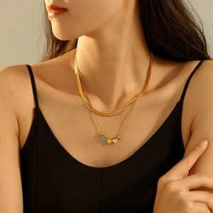 Collier Et Bracelet Coeur Double Couche En Acier Inoxydable Avec Pendentifs En Émail Coloré Bijoux Élégants Pour Femmes