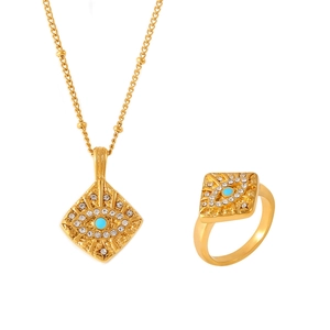 18K gold plated evil eye square pendant necklace and ring set with turquoise stone