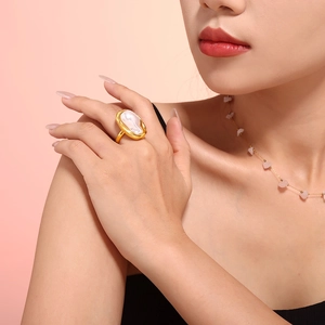 Baroque Irregular Artificial Pearl Ring Titanium Steel Golden Vintage Organic Texture Elegant Jewelry For Women