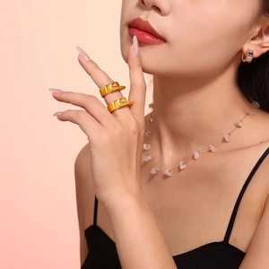 Women's 18k gold plated geometric dome ring with pink stone necklace set