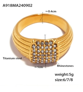 Detail view of gold titanium steel ring featuring rhinestone pavé and vertical texture