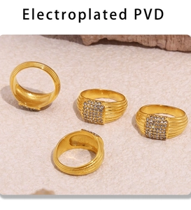 Detail of PVD gold layered rings with vertical texture and pavé set cubic zirconia