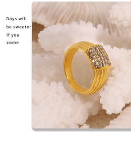 Detailed view of square gold ring with pave zircon crystals and vertical striped texture