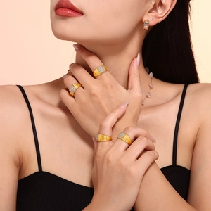 Gold plated wide band ring with vertical textured grooves and pavé white crystals