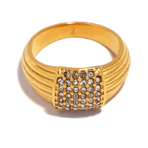 Gold square ring with micro-paved cubic zirconia and multi-layer textured band