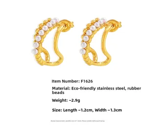 Dettagli degli orecchini geometrici placcati oro 18k con perle, misura 1,2x1,3cm e 2,9g