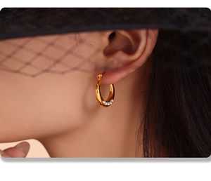 Détail de créoles géométriques plaquées or 18K avec perles sur mannequin au chapeau noir