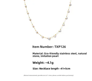 Detail of beaded necklace with faux pearls, natural stones and dimensions measurement