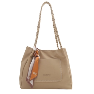 Borsa tote in ecopelle marrone chiaro con spalline intrecciate e foulard di seta