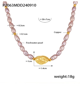 Detail view of freshwater pearl necklace with gold copper pendant and size measurements
