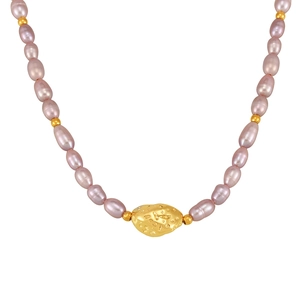 Vintage copper pendant necklace with natural lavender freshwater pearls and gold beads