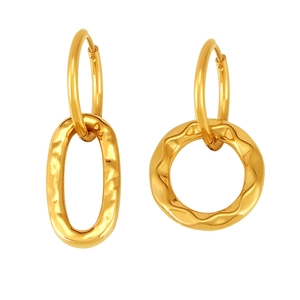 Hammered gold PVD titanium steel hoop earrings with asymmetric pendant charms for women