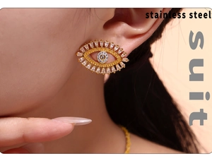 Detail of stainless steel evil eye earrings with micro-inlaid cubic zirconia on model