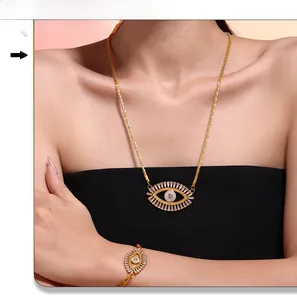 Detailed view of the Evil Eye jewelry set with micro-pave zircons on a model
