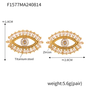 Detail view of Evil Eye zircon earrings in titanium steel with measurements and weight