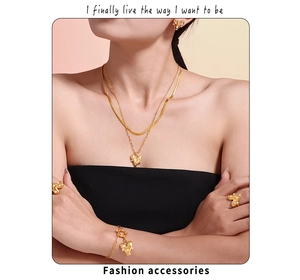 Model wearing gold PVD stainless steel heart jewelry set with white pearls