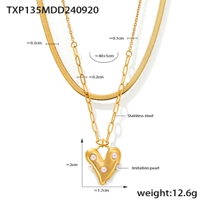 Detailed size parameters for gold heart pearl necklace and double layer snake chain