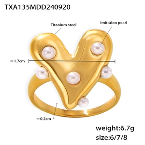 Detail showing dimensions of heart-shaped titanium steel ring with imitation pearls