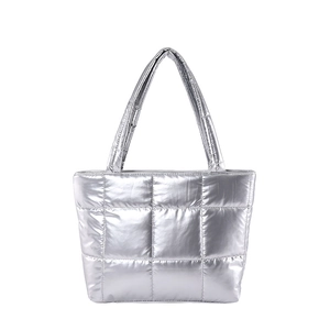 Silver quilted padded tote bag with metallic finish and spacious shoulder straps