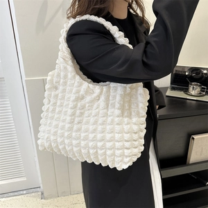 White popcorn textured cloud bag, minimalist pleated hobo shoulder bag for daily casual use