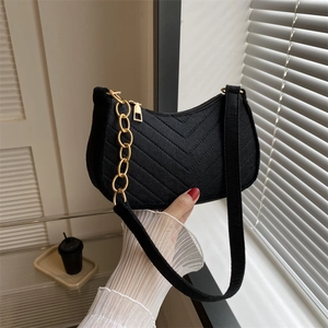 Women Retro V-Shaped Chevron Quilted Felt Underarm Bag With Gold Chain Small Shoulder Bag Fashion Baguette Bag