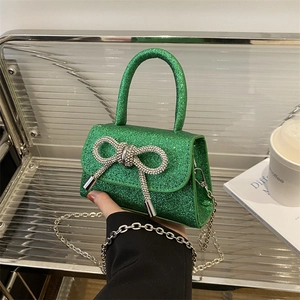 Women Mini Glitter Crossbody Bag Rhinestone Bow Decor Handbag With Chain Strap Fashion Evening Party Shoulder Bag