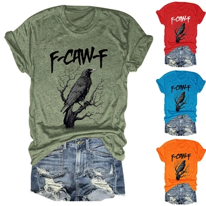Detail view of cotton t-shirt with raven print showing four color options and textures