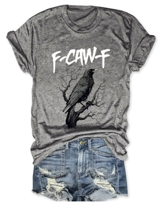 Detail of raven print and F-CAW-F text on grey cotton T-shirt with denim shorts