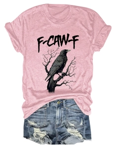 Detailed view of pink cotton T-shirt featuring a black eagle print and flat lay styling