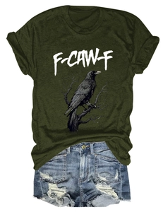 Flat lay detail of dark green cotton T-shirt featuring realistic raven print and white text