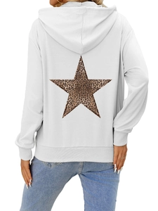Back view of a white oversized hoodie featuring a leopard print star and ribbed cuffs