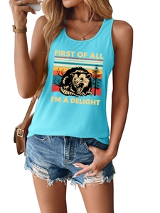 Detail of sky blue tank top featuring vintage possum graphic and humor slogan