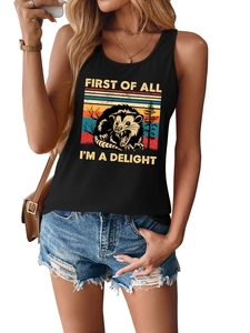 Detail of First Of All I'm A Delight opossum print on a black sleeveless tank top